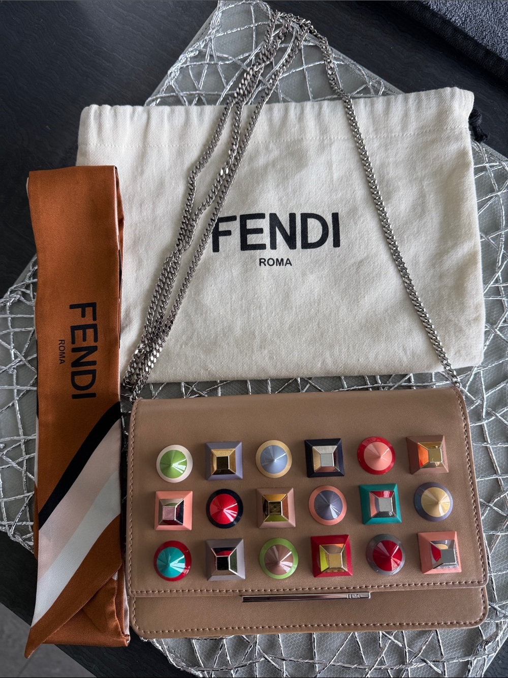 Fendi Tan Leather Crossbody with Multicolor Studs